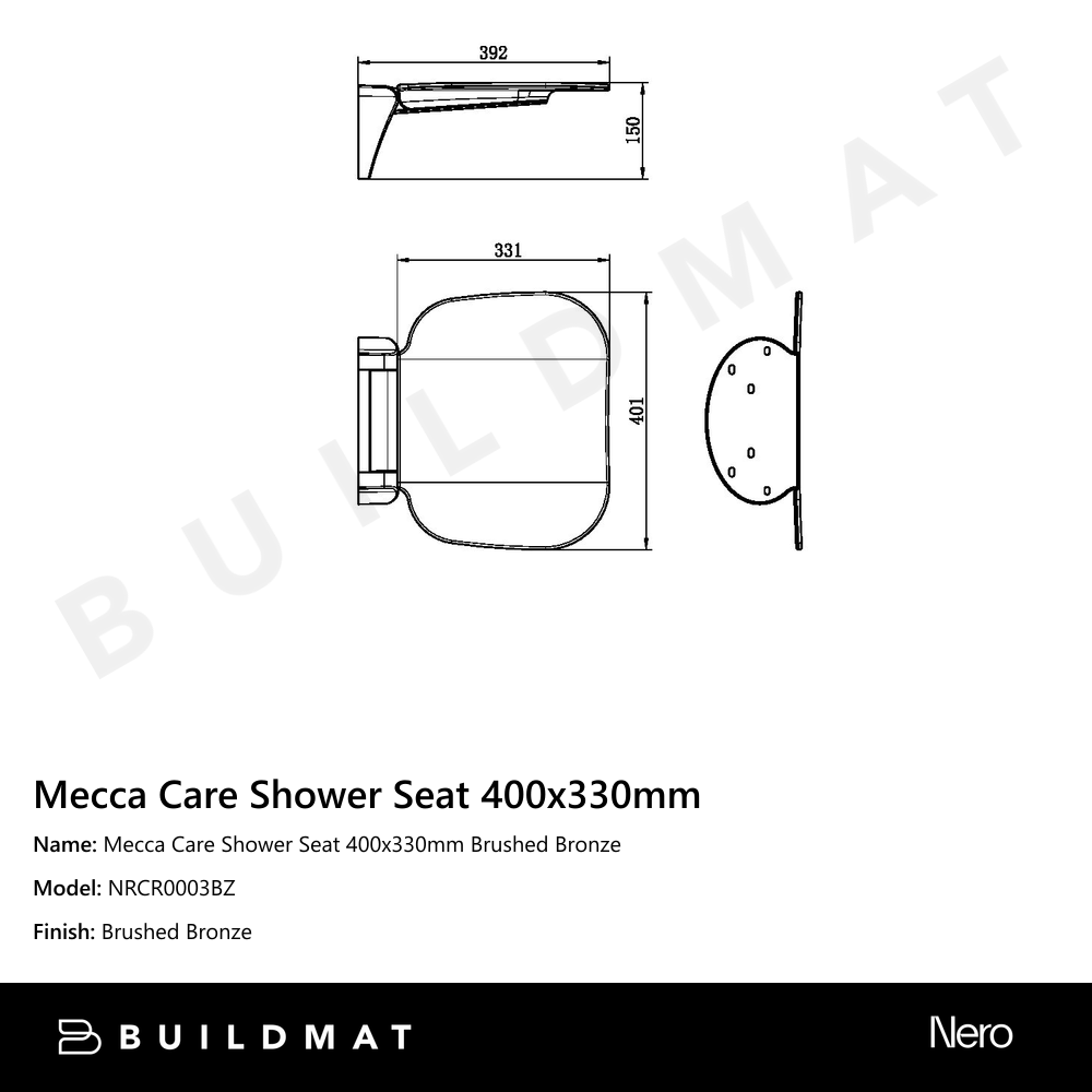 Mecca Care Shower Seat 400x330mm Brushed Bronze