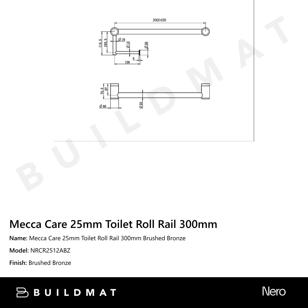 Mecca Care 25mm Toilet Roll Rail 300mm Brushed Bronze