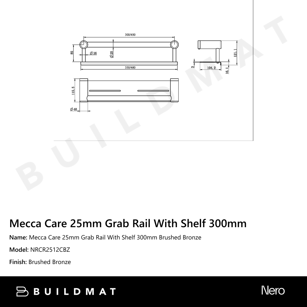 Mecca Care 25mm Grab Rail With Shelf 300mm Brushed Bronze