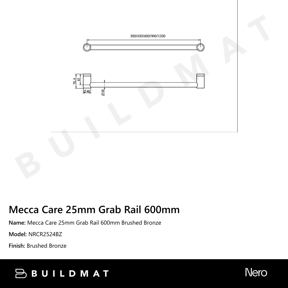 Mecca Care 25mm Grab Rail 600mm Brushed Bronze