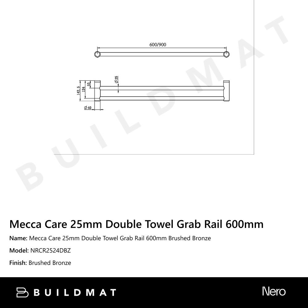 Mecca Care 25mm Double Towel Grab Rail 600mm Brushed Bronze