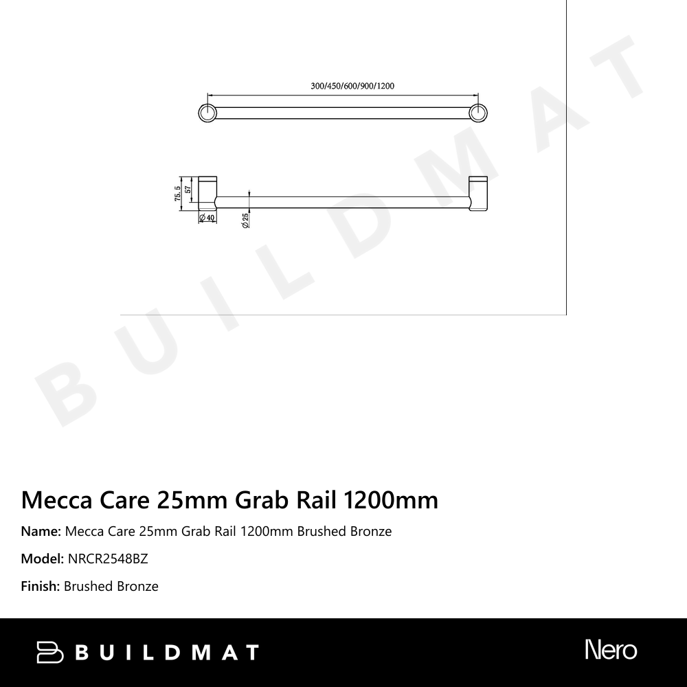 Mecca Care 25mm Grab Rail 1200mm Brushed Bronze