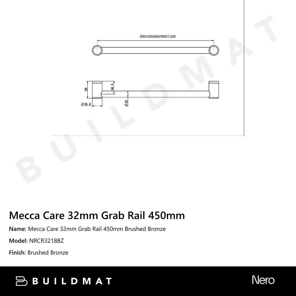 Mecca Care 32mm Grab Rail 450mm Brushed Bronze