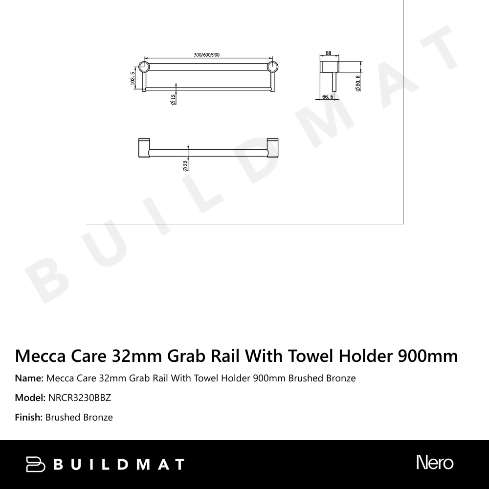 Mecca Care 32mm Grab Rail With Towel Holder 900mm Brushed Bronze