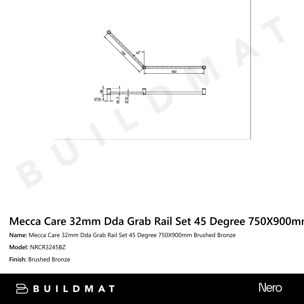 Mecca Care 32mm Dda Grab Rail Set 45 Degree 750X900mm Brushed Bronze