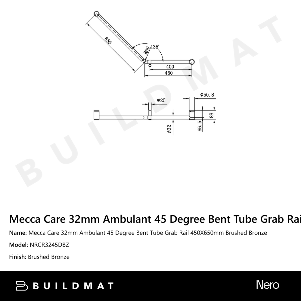 Mecca Care 32mm Ambulant 45 Degree Bent Tube Grab Rail 450X650mm Brushed Bronze