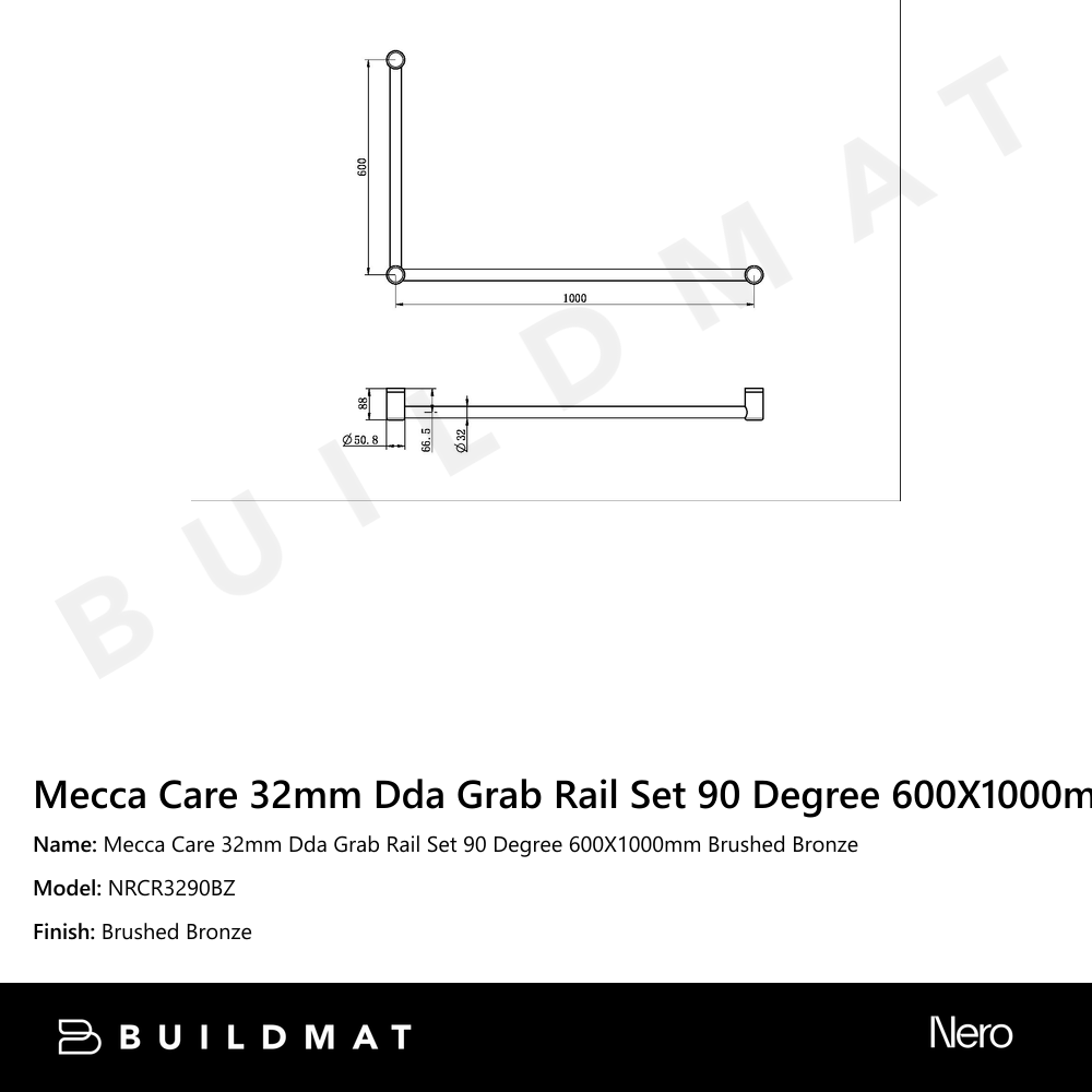 Mecca Care 32mm Dda Grab Rail Set 90 Degree 600X1000mm Brushed Bronze