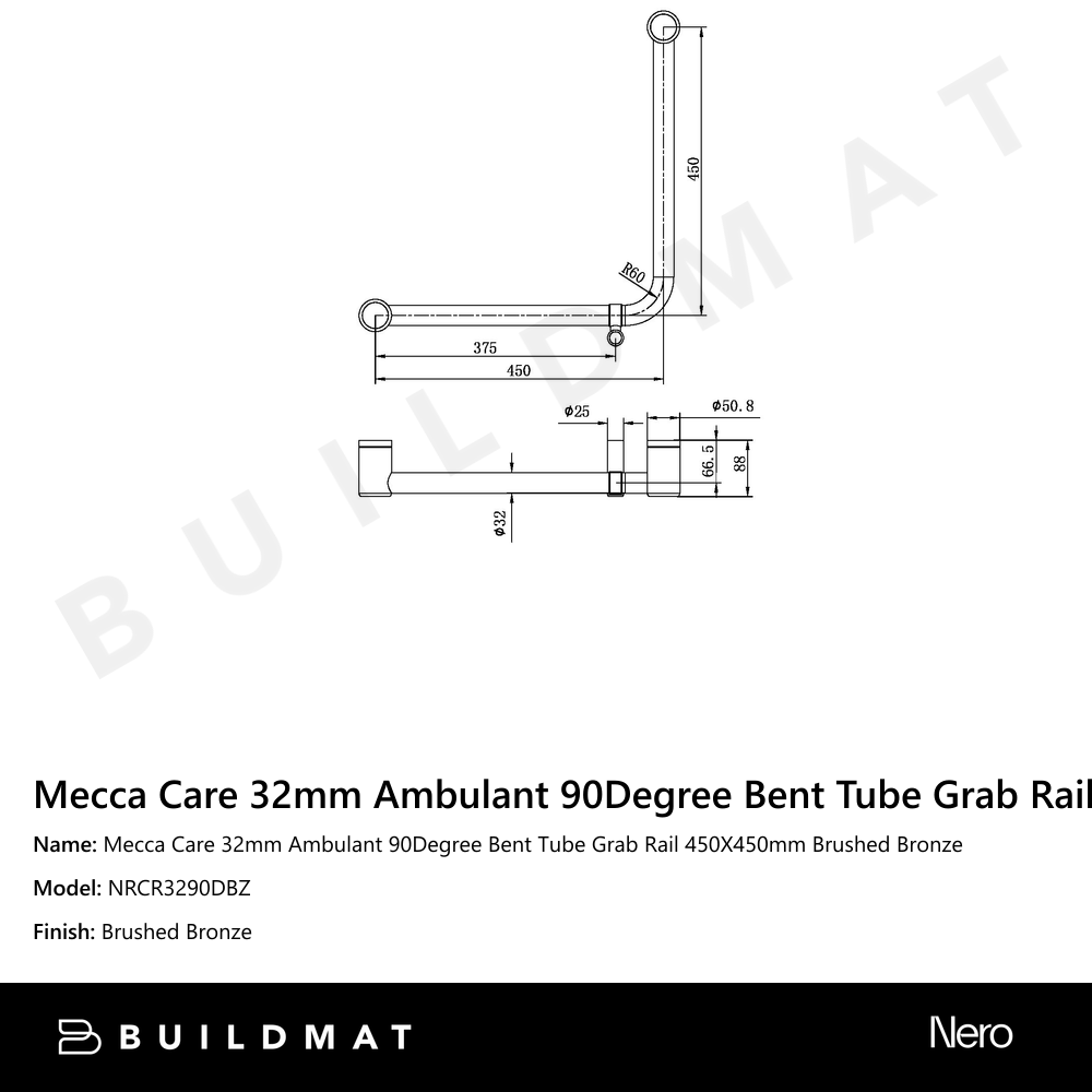 Mecca Care 32mm Ambulant 90Degree Bent Tube Grab Rail 450X450mm Brushed Bronze