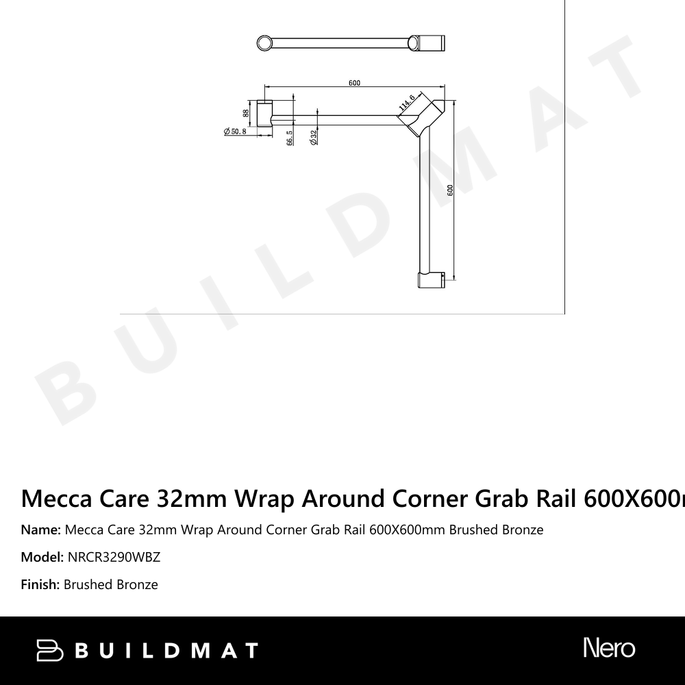 Mecca Care 32mm Wrap Around Corner Grab Rail 600X600mm Brushed Bronze