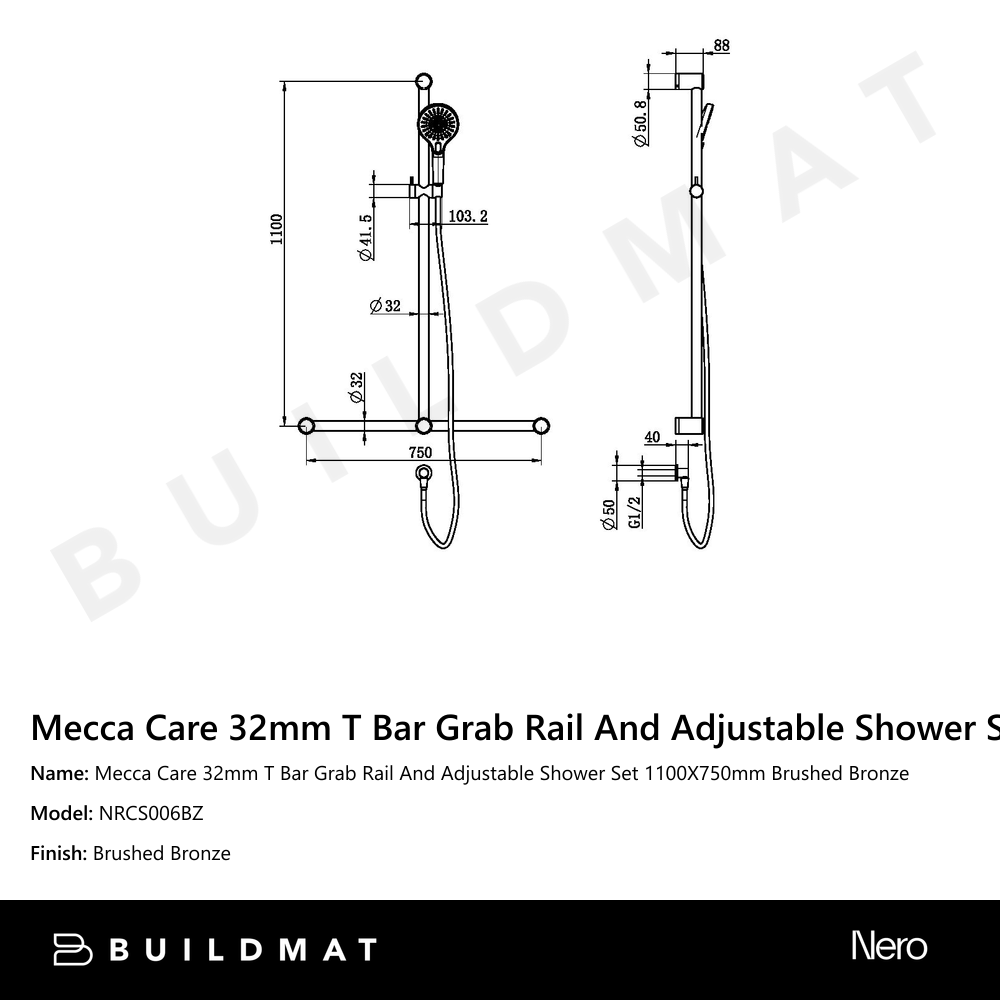 Mecca Care 32mm T Bar Grab Rail And Adjustable Shower Set 1100X750mm Brushed Bronze