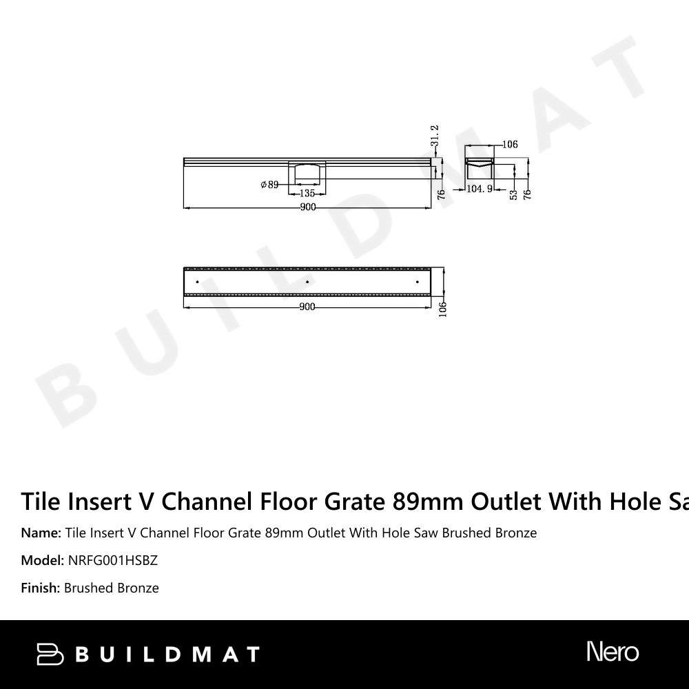 Tile Insert V Channel Floor Grate 89mm Outlet With Hole Saw Brushed Bronze