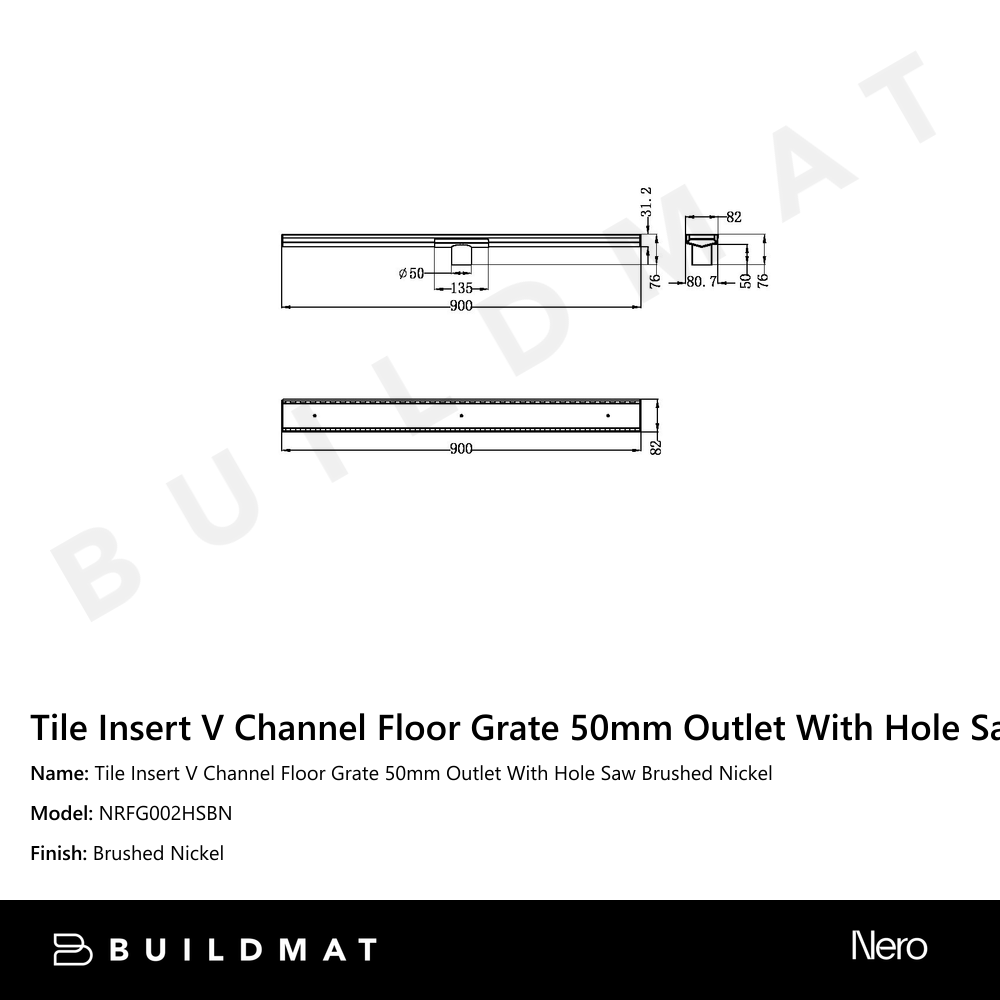 Tile Insert V Channel Floor Grate 50mm Outlet With Hole Saw Brushed Nickel