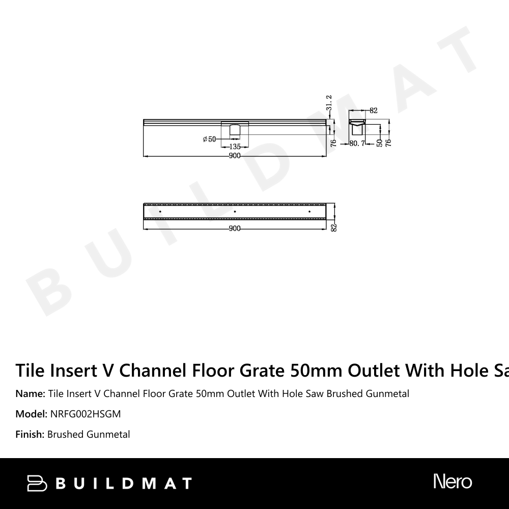 Tile Insert V Channel Floor Grate 50mm Outlet With Hole Saw Gun Metal