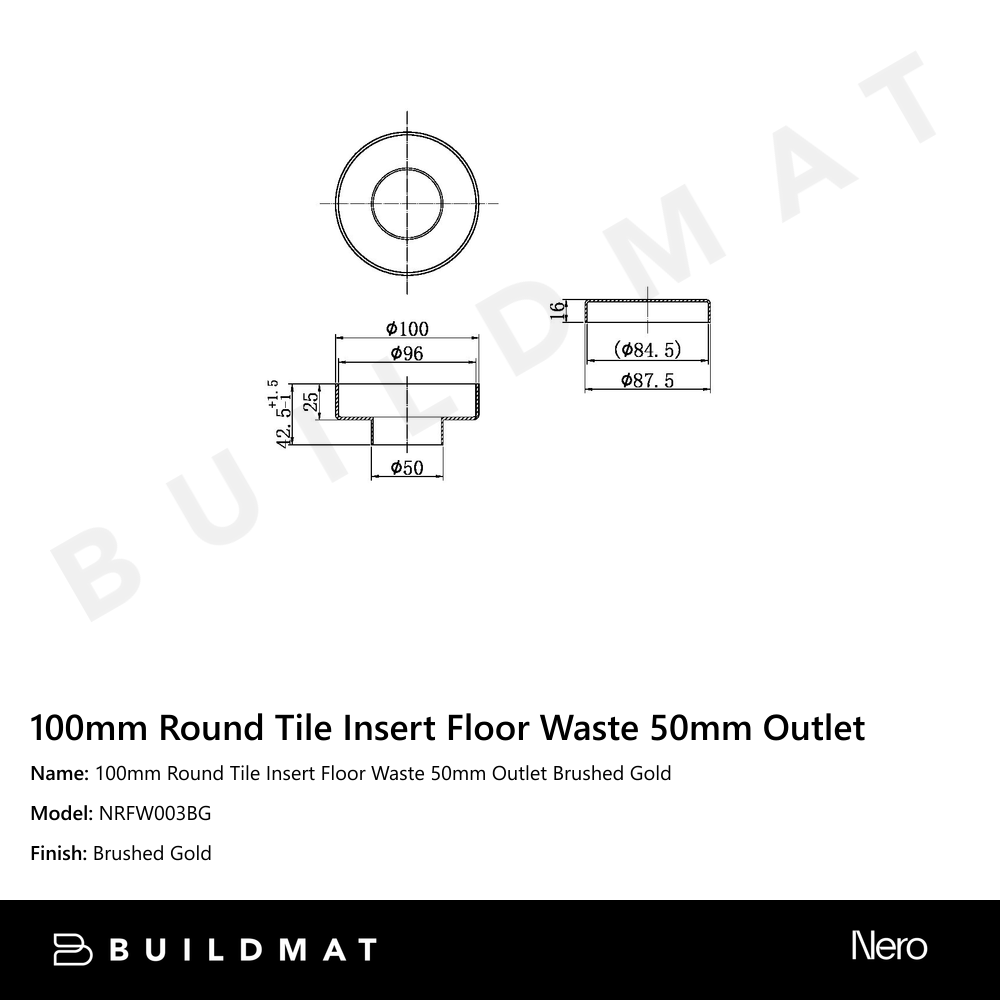 100mm Round Tile Insert Floor Waste 50mm Outlet Brushed Gold