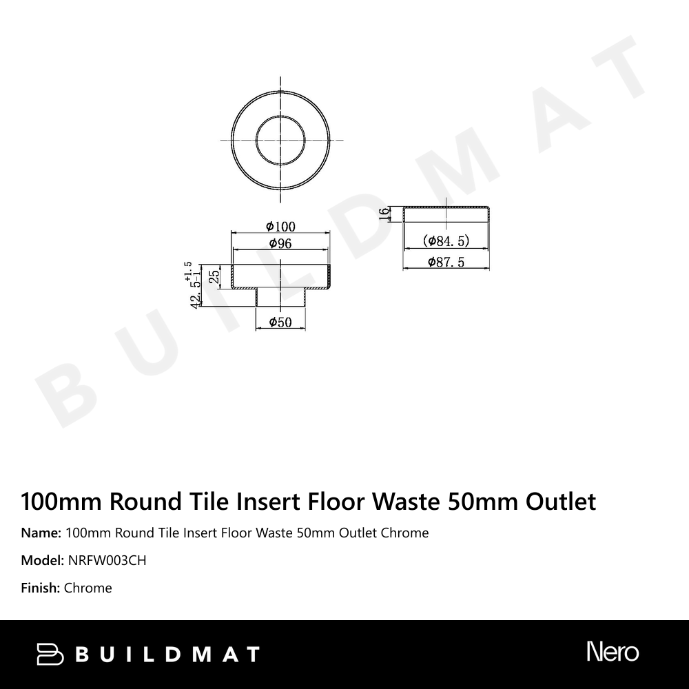 100mm Round Tile Insert Floor Waste 50mm Outlet Chrome