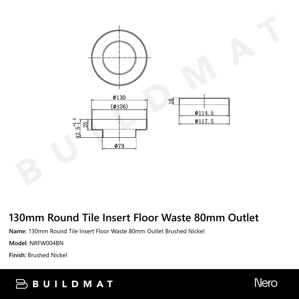 130mm Round Tile Insert Floor Waste 80mm Outlet Brushed Nickel