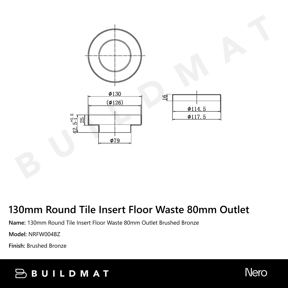 130mm Round Tile Insert Floor Waste 80mm Outlet Brushed Bronze