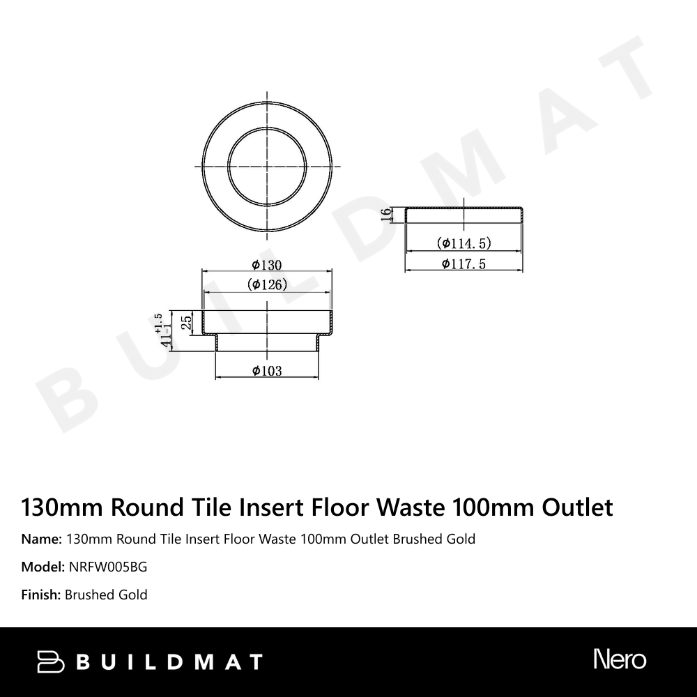 130mm Round Tile Insert Floor Waste 100mm Outlet Brushed Gold