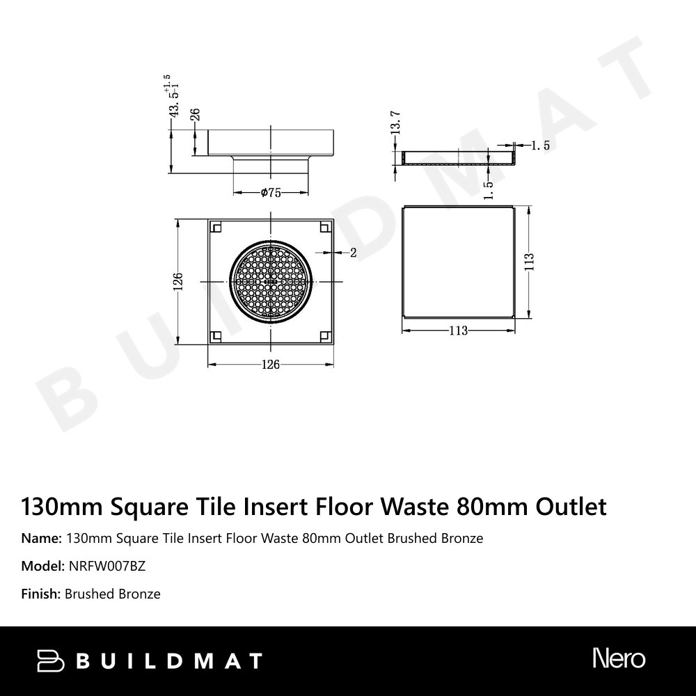 130mm Square Tile Insert Floor Waste 80mm Outlet Brushed Bronze