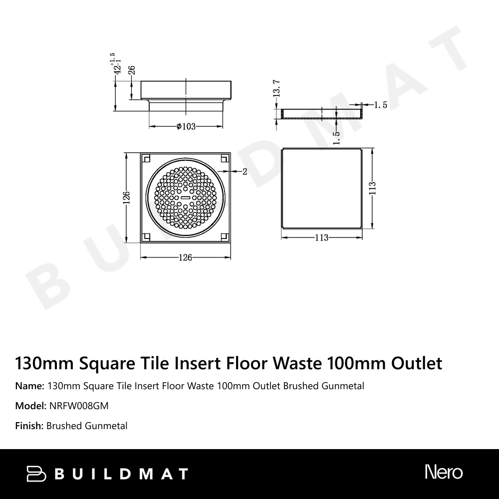 130mm Square Tile Insert Floor Waste 100mm Outlet Gun Metal