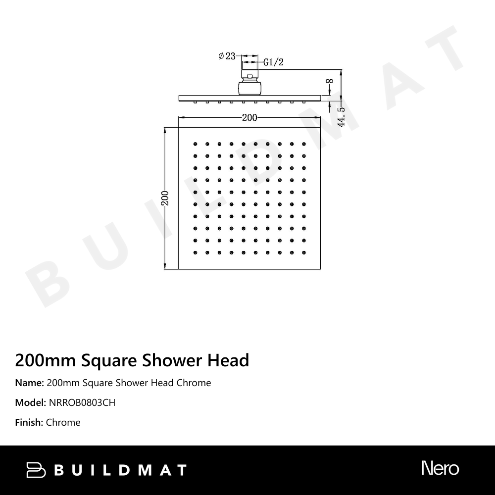 200mm Square Shower Head Chrome