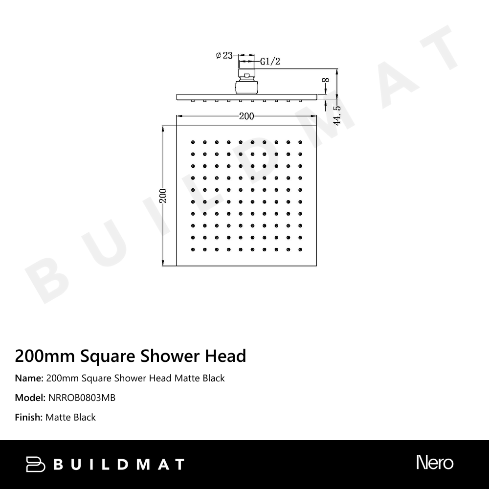 200mm Square Shower Head Matte Black