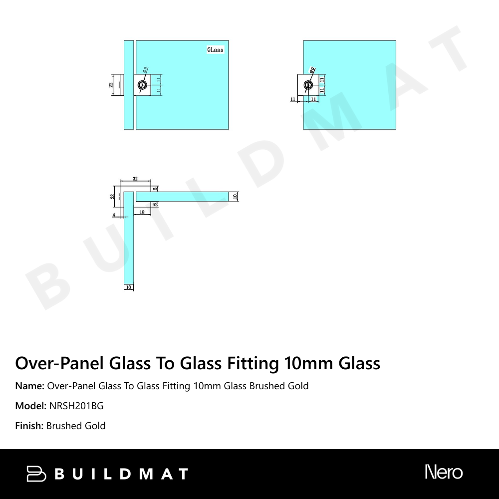 Over-Panel Glass To Glass Fitting 10mm Glass Brushed Gold