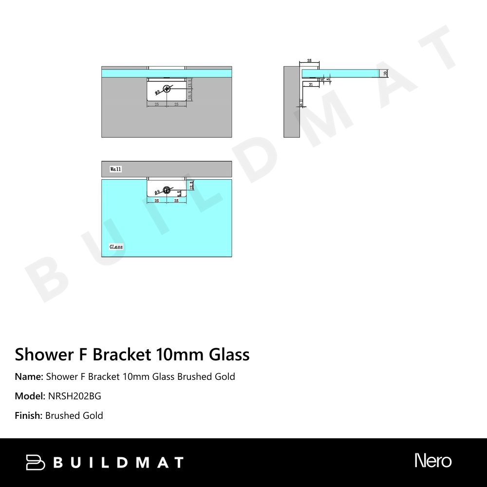 Shower F Bracket 10mm Glass Brushed Gold