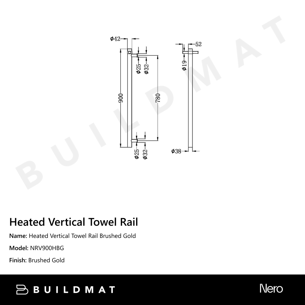 Heated Vertical Towel Rail Brushed Gold