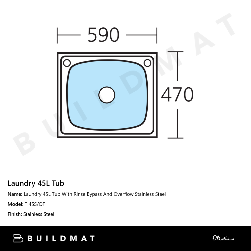 Laundry 45L Tub With Rinse Bypass And Overflow Stainless Steel