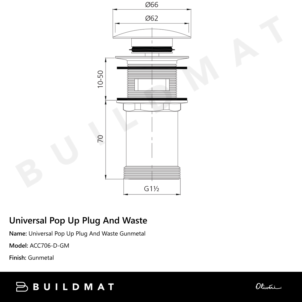 Universal Pop Up Plug And Waste Gunmetal