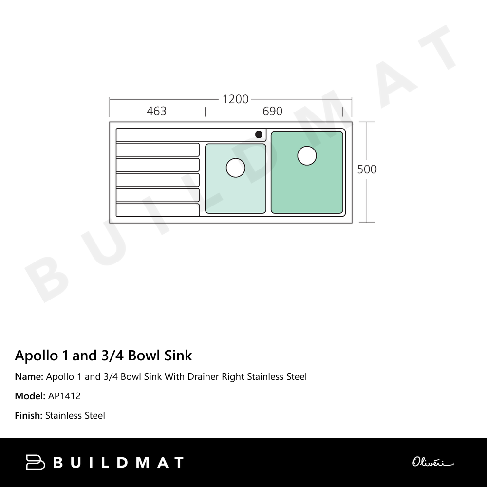 Apollo 1 And 3/4 Bowl Sink With Drainer Right Stainless Steel