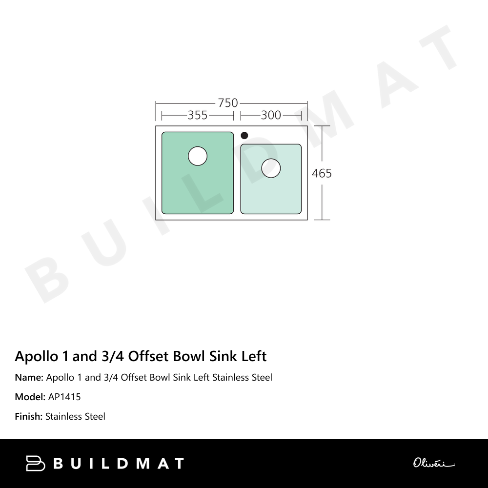 Apollo 1 And 3/4 Offset Bowl Sink Left Stainless Steel