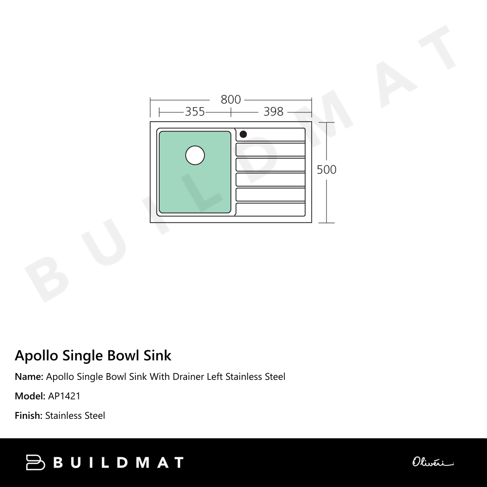 Apollo Single Bowl Sink With Drainer Left Stainless Steel