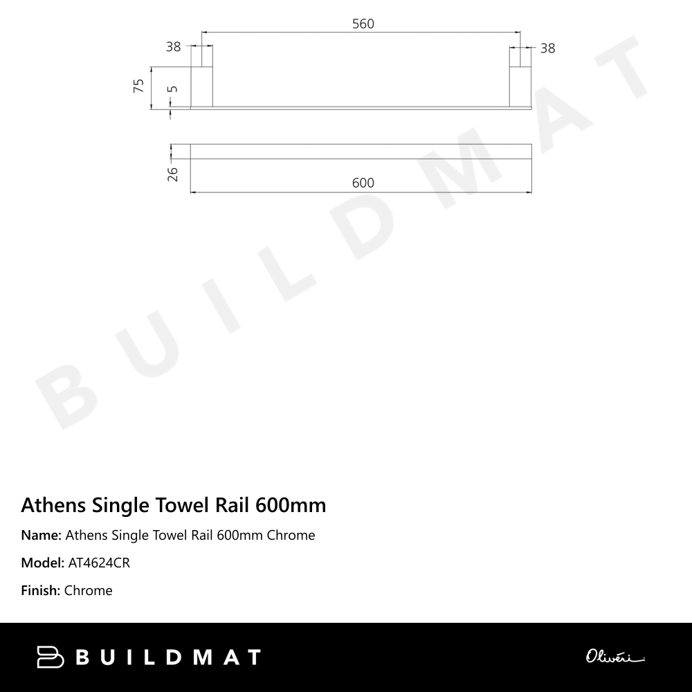 Athens Single Towel Rail 600mm Chrome