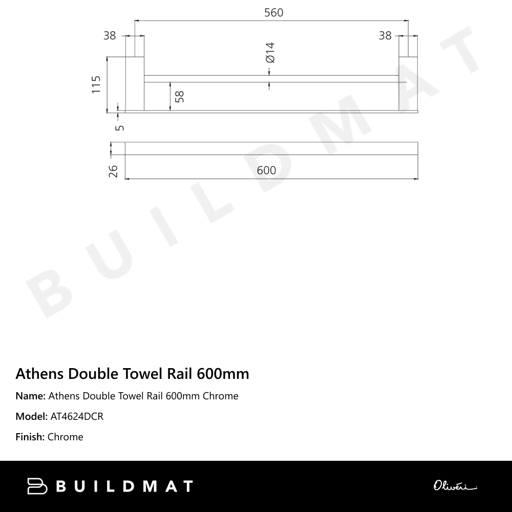 Athens Double Towel Rail 600mm Chrome