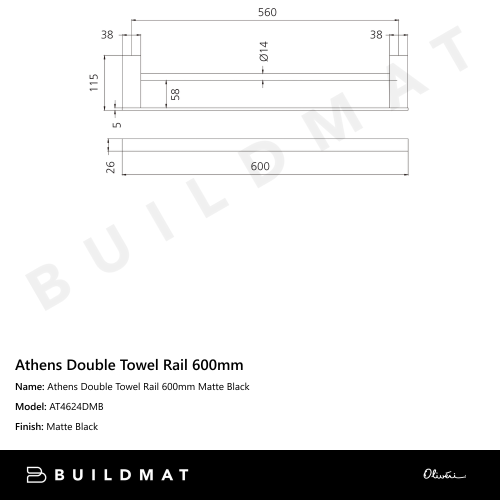 Athens Double Towel Rail 600mm Matte Black