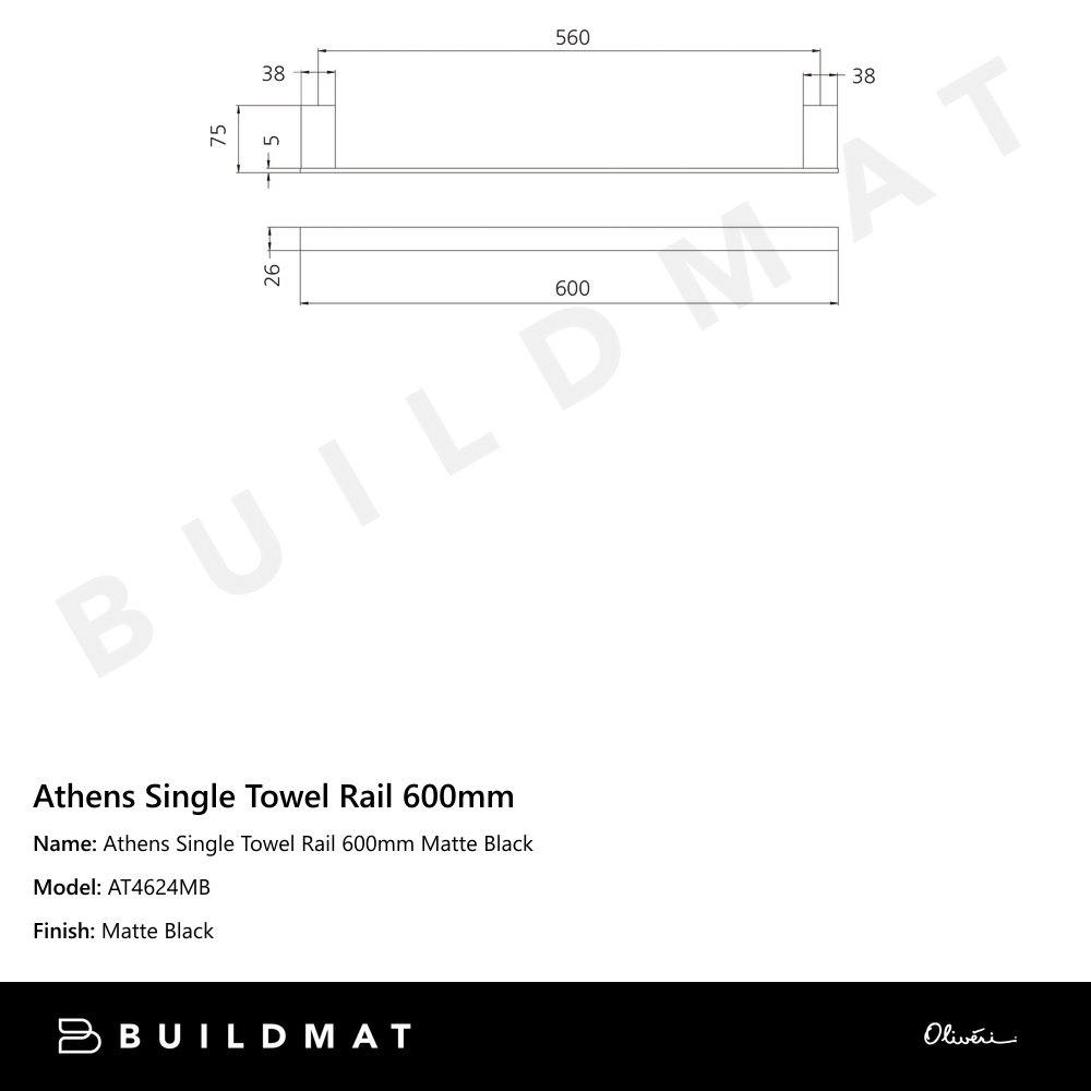 Athens Single Towel Rail 600mm Matte Black