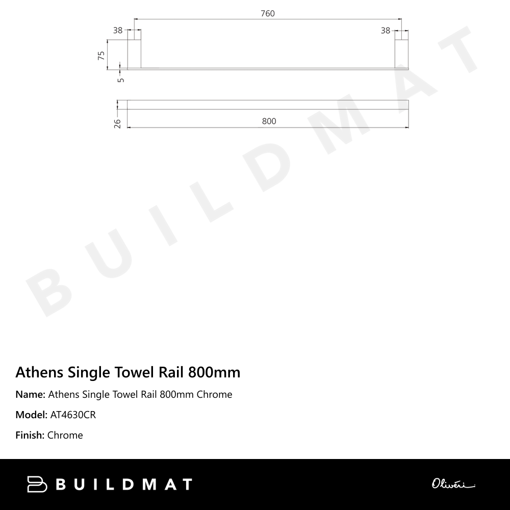 Athens Single Towel Rail 800mm Chrome