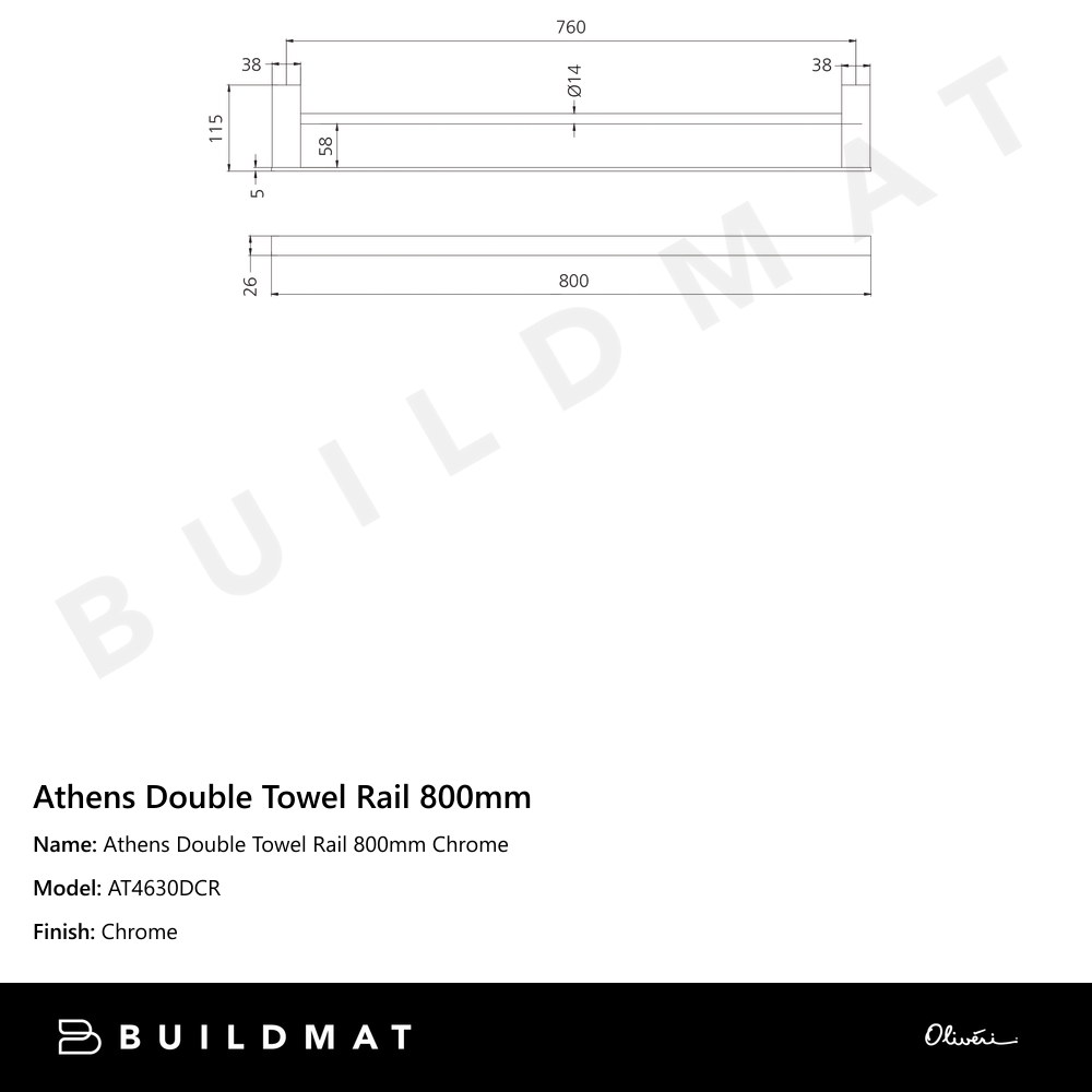 Athens Double Towel Rail 800mm Chrome