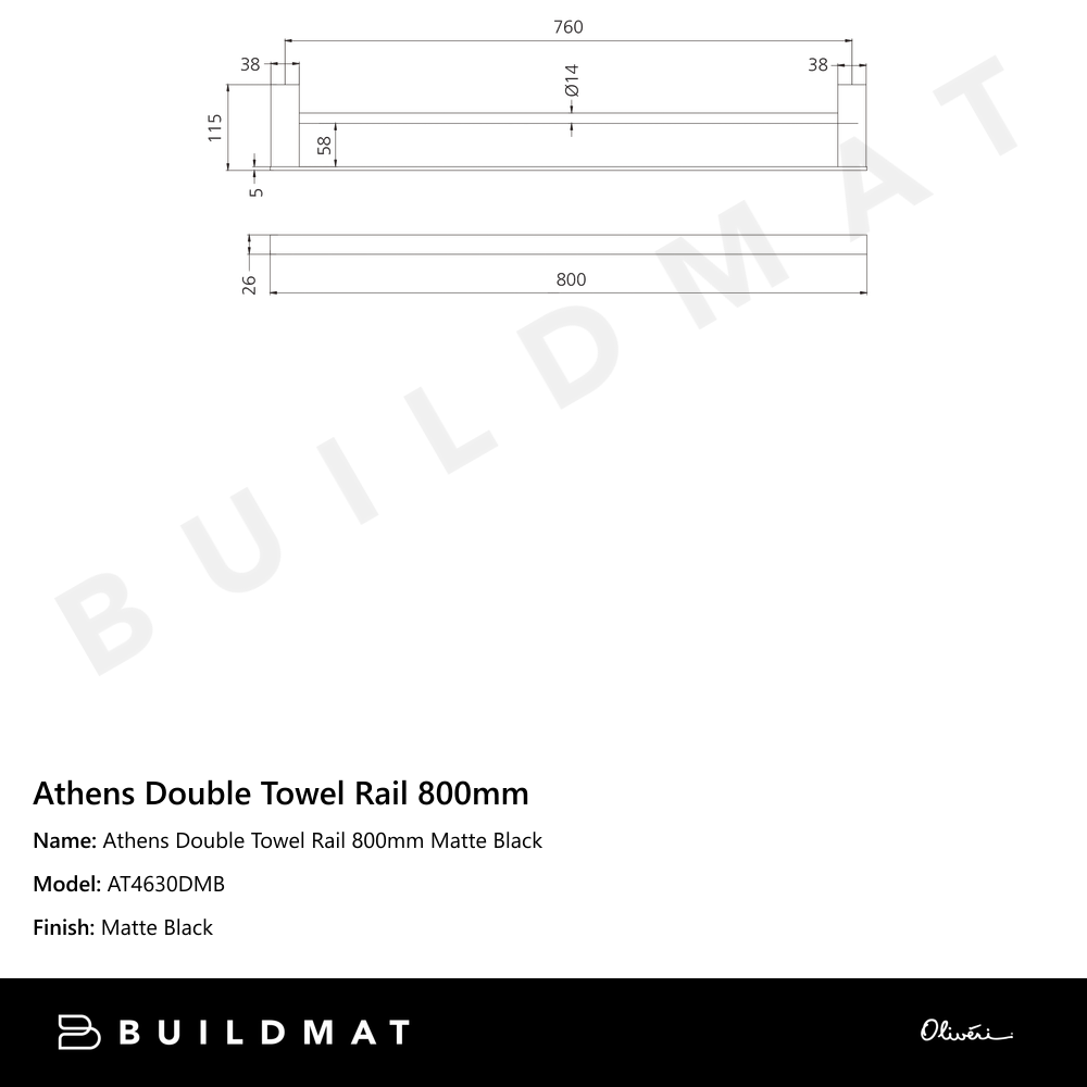 Athens Double Towel Rail 800mm Matte Black