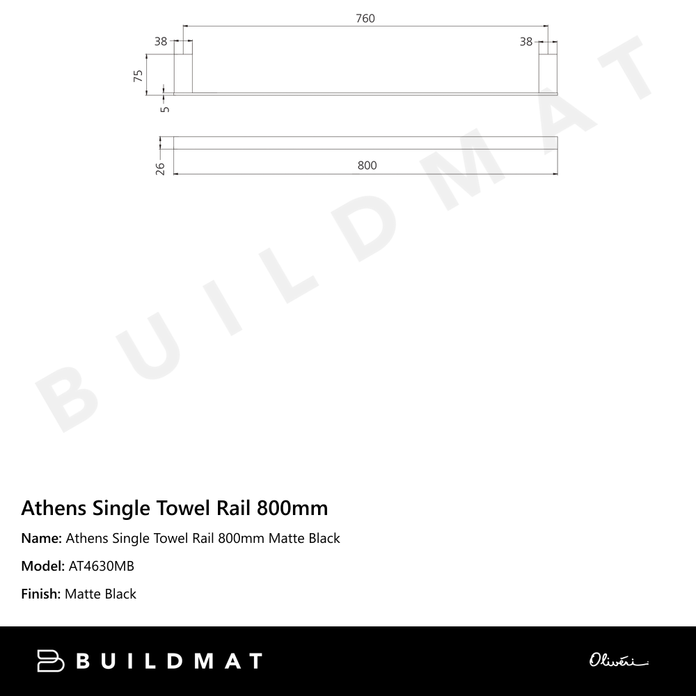 Athens Single Towel Rail 800mm Matte Black