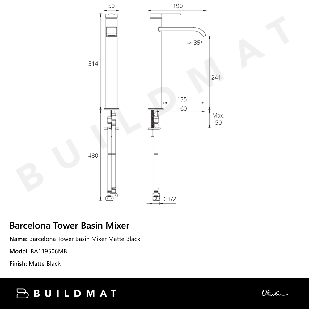 Barcelona Tower Basin Mixer Matte Black