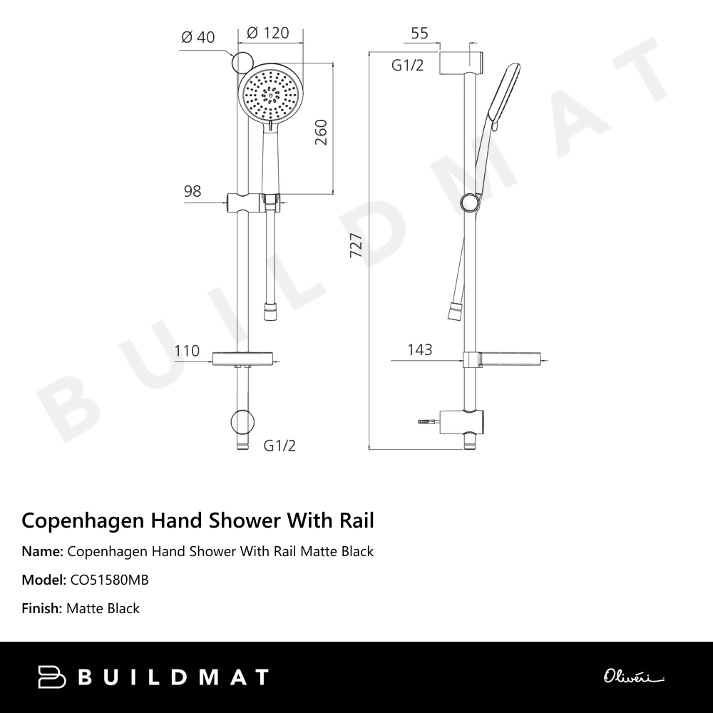 Copenhagen Hand Shower With Rail Matte Black