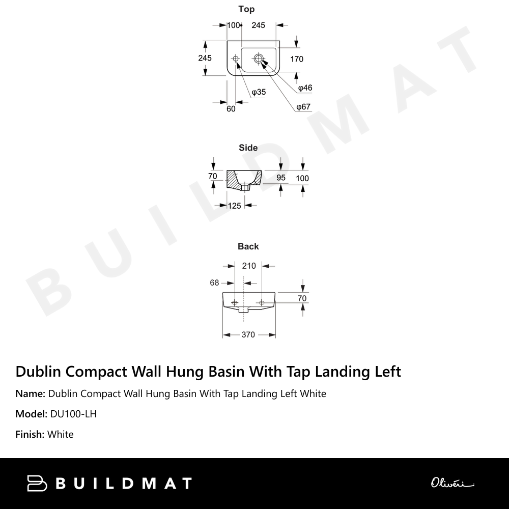 Dublin Compact Wall Hung Basin With Tap Landing Left White