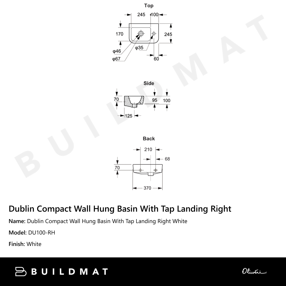 Dublin Compact Wall Hung Basin With Tap Landing Right White