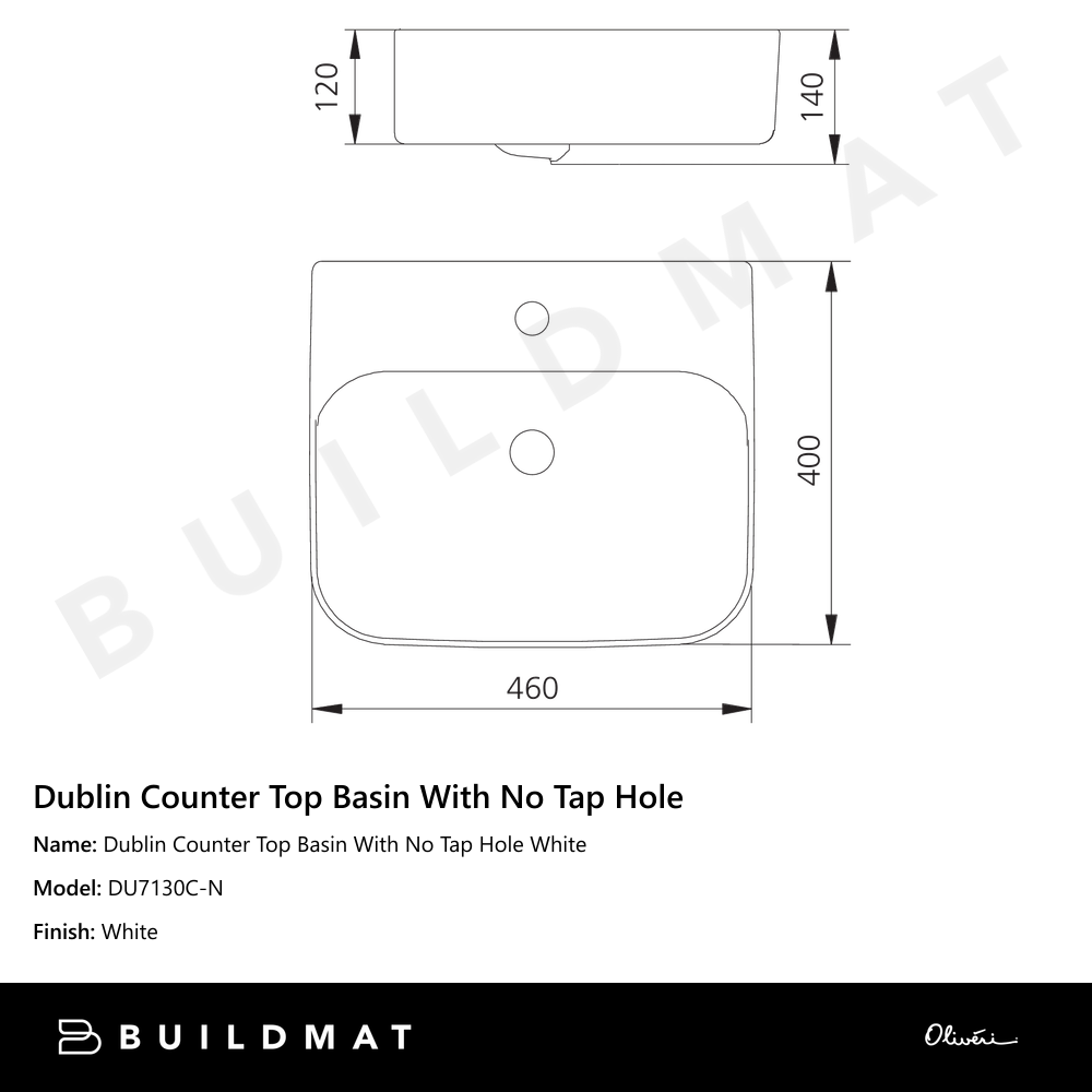 Dublin Counter Top Basin With No Tap Hole White