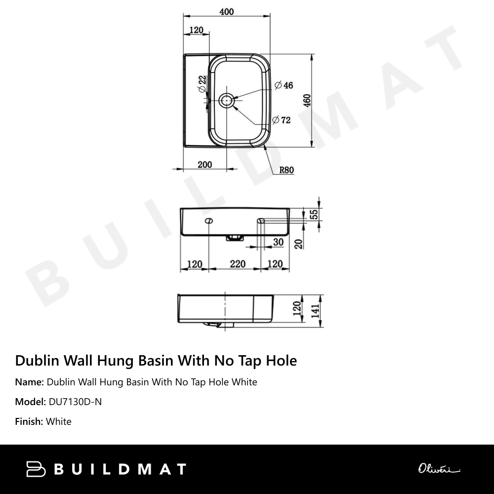 Dublin Wall Hung Basin With No Tap Hole White