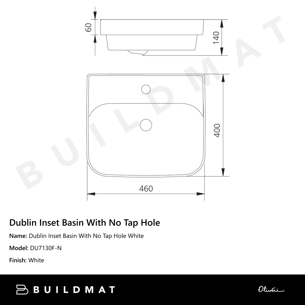 Dublin Inset Basin With No Tap Hole White