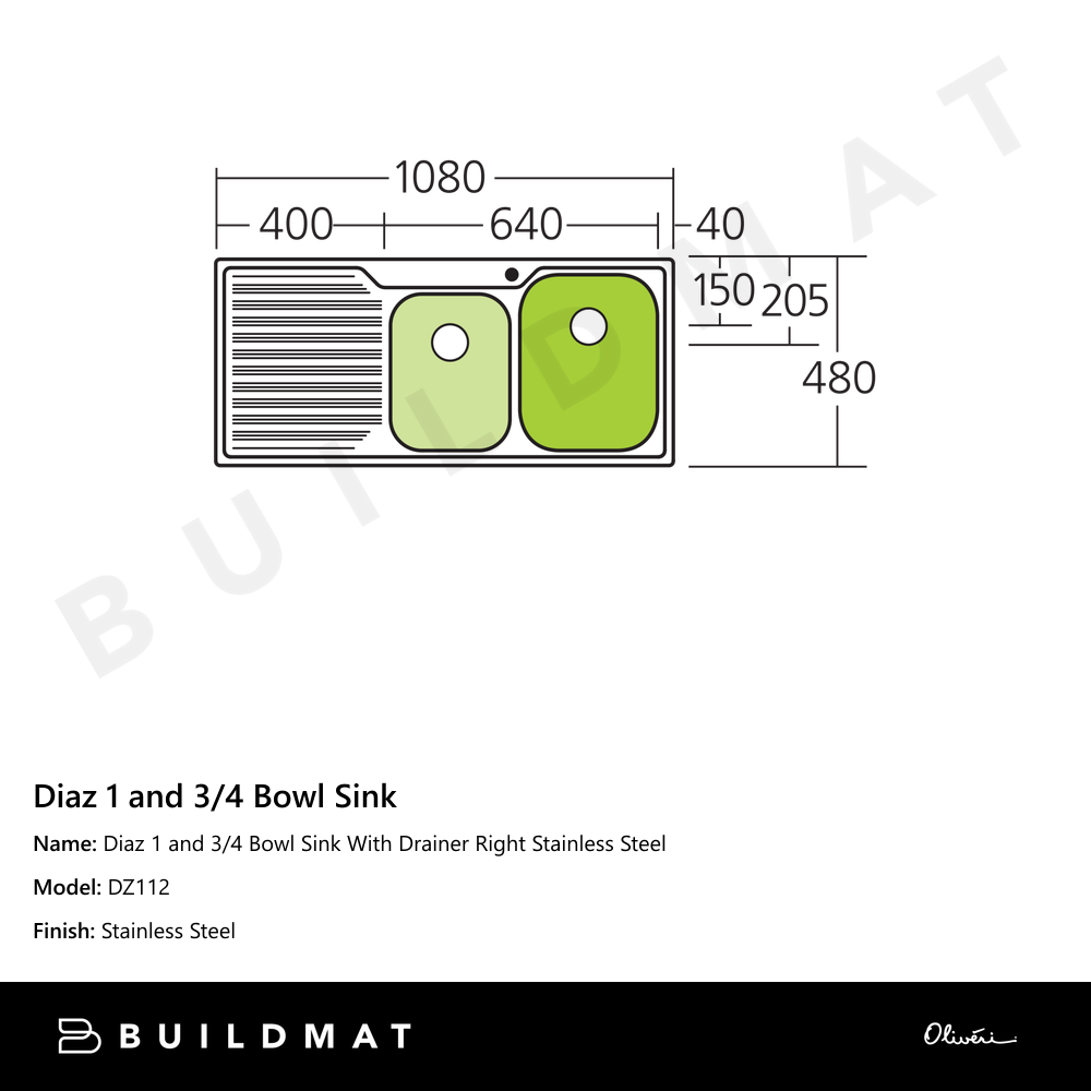 Diaz 1 And 3/4 Bowl Sink With Drainer Right Stainless Steel